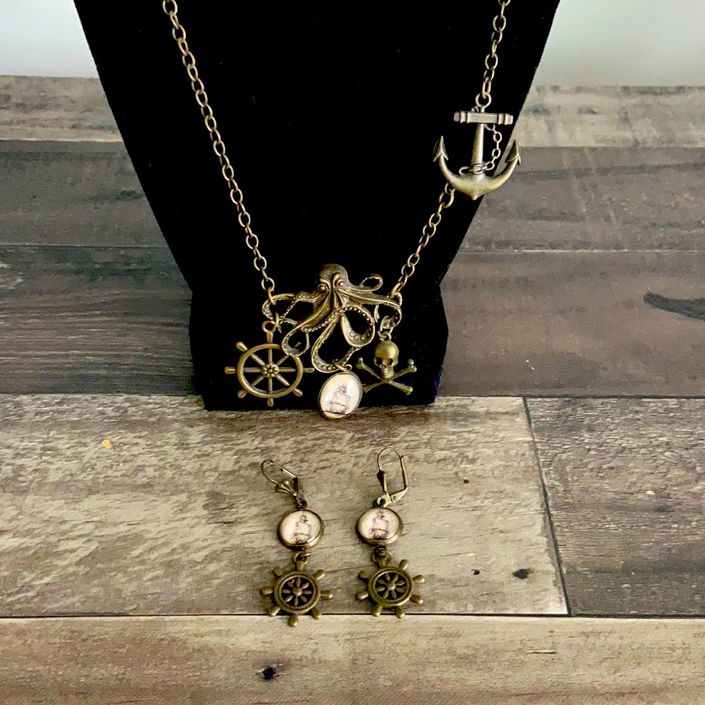 Octopus and Pirate Ship Necklace/Earring set